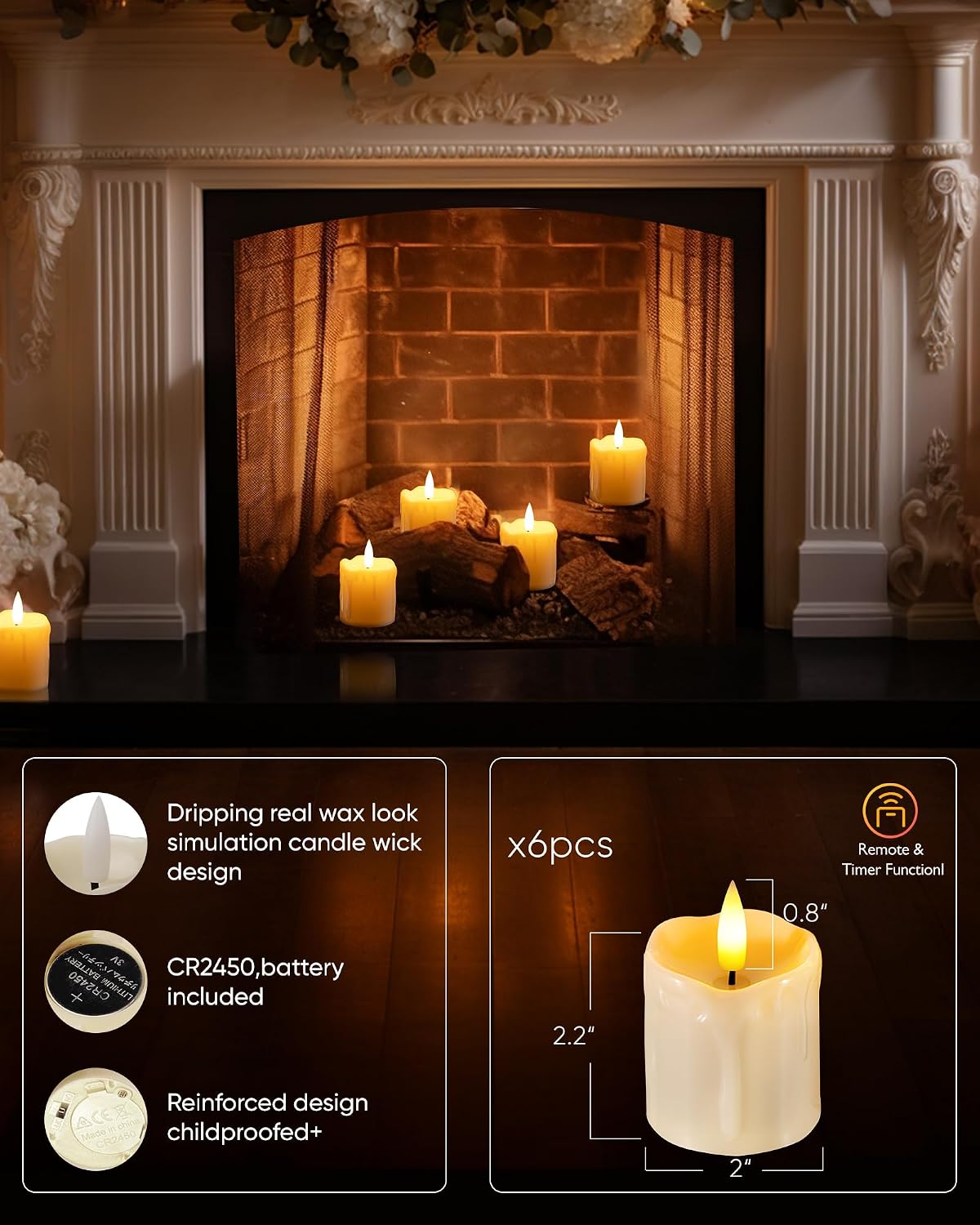 Homemory 2"x 2" Flameless Votive LED Candles with Remote & Timer, 6 Pack