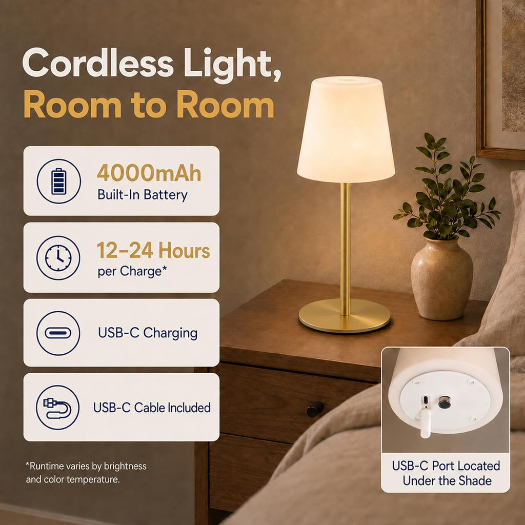 IP65 Waterproof Shower Lamp, Cordless Rechargeable Table Lamp, Gold