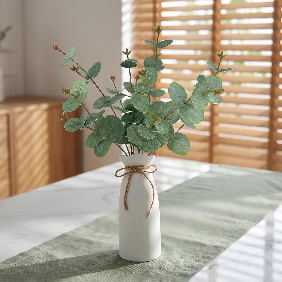 Artificial Eucalyptus Stems with Vase, 18" Fake Plant Greenery Branches Golden Leaves Faux Eucalyptus Stems for Home Office Farmhouse Wedding Table Centerpiece Décor
