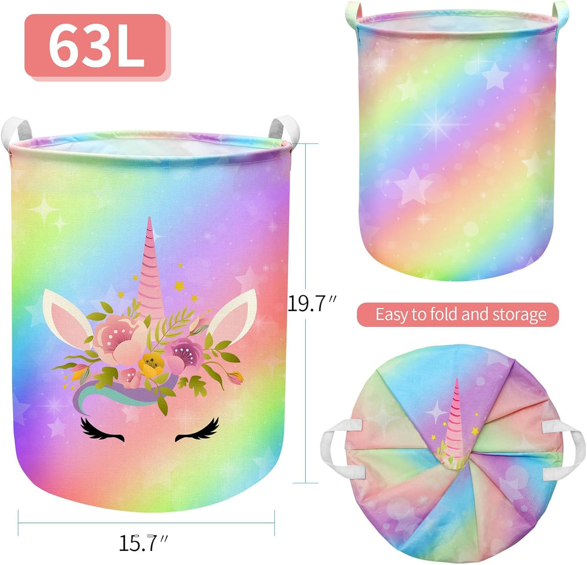 Unicorn Laundry Basket Hamper Large Sized Round Storage Basket Waterproof Bin Collapsible Laundry Basket for Room Organizer, Bedroom Nursery Playroom Clothes (62.8L)