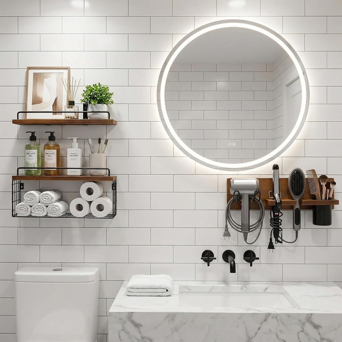 3-Tier Bathroom Floating Shelves with Hair Dryer Holder, Brown