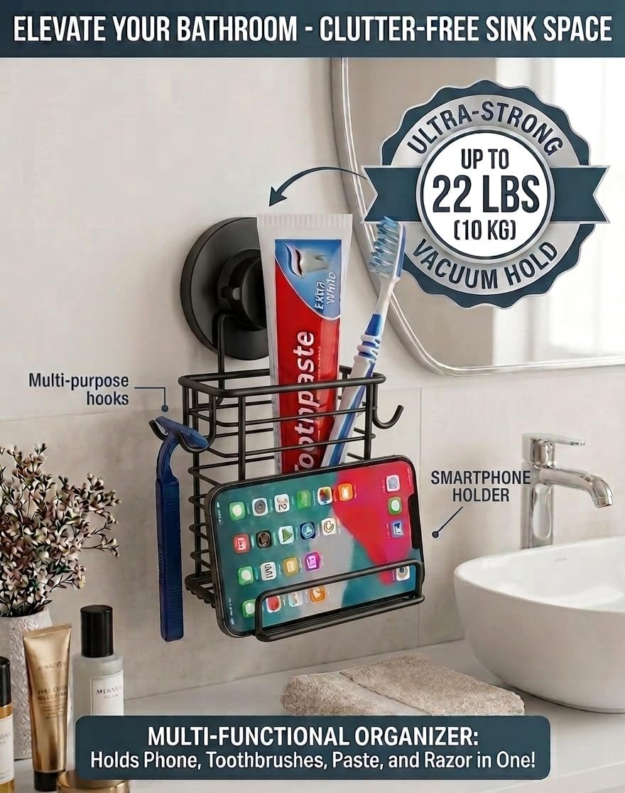 Toothbrush Holder Suction Cup Wall Mounted Toothpaste and Toothbrushes Holder Shelf for Soap Dish or Phone Powerful Vacuum System Rustproof Stainless Steel Organizer Electric Toothbrush (Black)