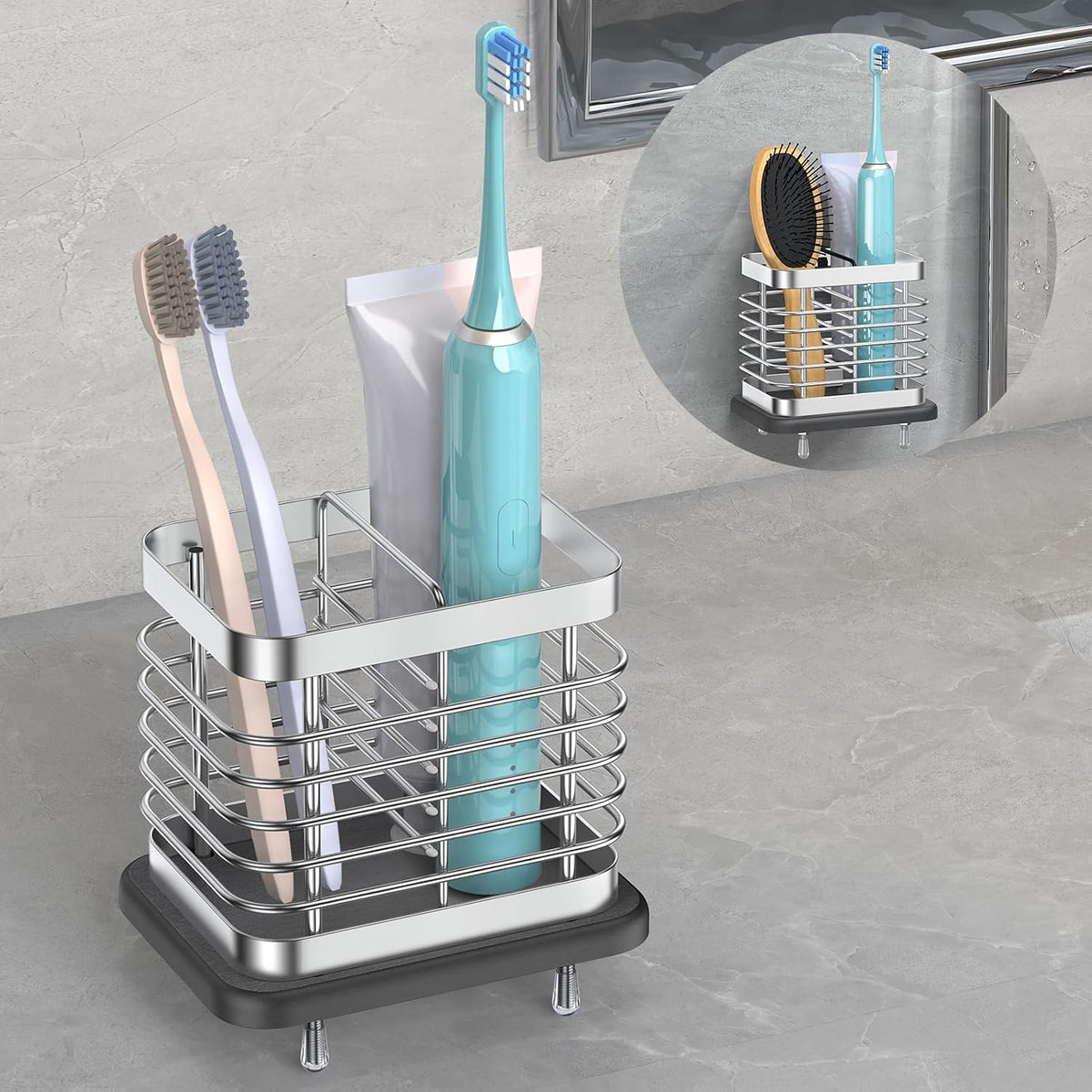 Toothbrush Holders for Bathroom, Adhesive Electric Toothbrush Holder with Fast Dry Tray Wall Mounted Toothbrush Holder Shower Toothpaste Bathroom Organizer Essentials, 2 Slots, Silver