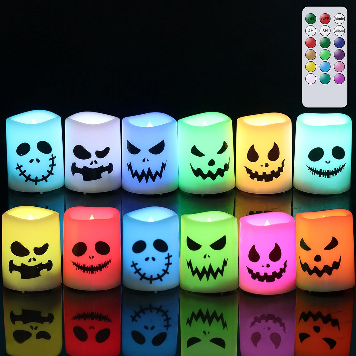 GenSwin Halloween Flameless Candles Color Changing with Remote Timer, Halloween Decorations Ghost Face Battery Operated Tealight Candles, Colorful LED Votive Candles for Home Decor(12 Pack, 1.5” x 2”)