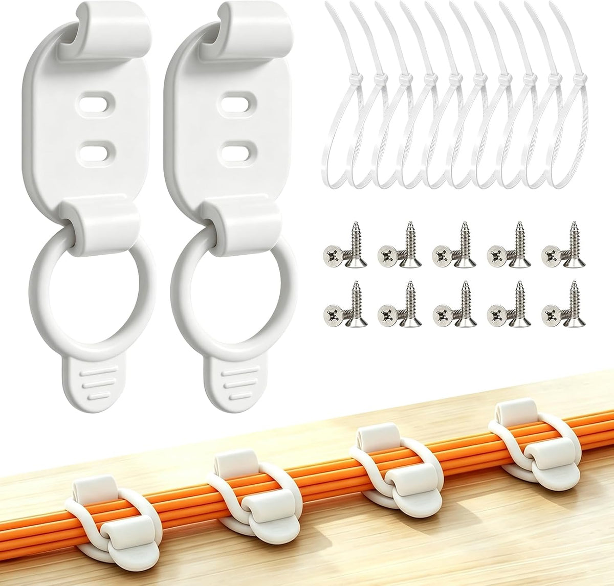 Adjustable Cable Management Clips, Self Adhesive Cord Organizer with Elastic Loop, Reusable Cable Holder for Desk, Under Desk, Wall, TV, Office, Home, Charging Cables, USB, HDMI, PC Wires (10, White)