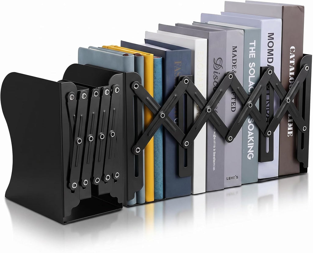 2PCS Adjustable Bookends, Metal Book Ends for Heavy Book, 2 Dividers, Nonslip Extendable Books Stander for Desk, Shelf, Office, Binder Holder, Stationery Gift, Extends up to 19 inch (Black)