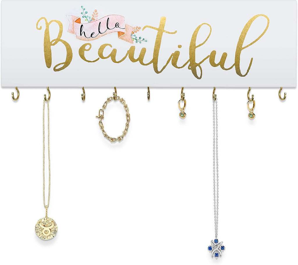 SANY DAYO HOME Hello Beautiful Wall Mount Necklace Holder Organizer with 9 Jewelry Hooks for Ring, Hair Bow, Headband, Purse - Wall Decor for Girls Room