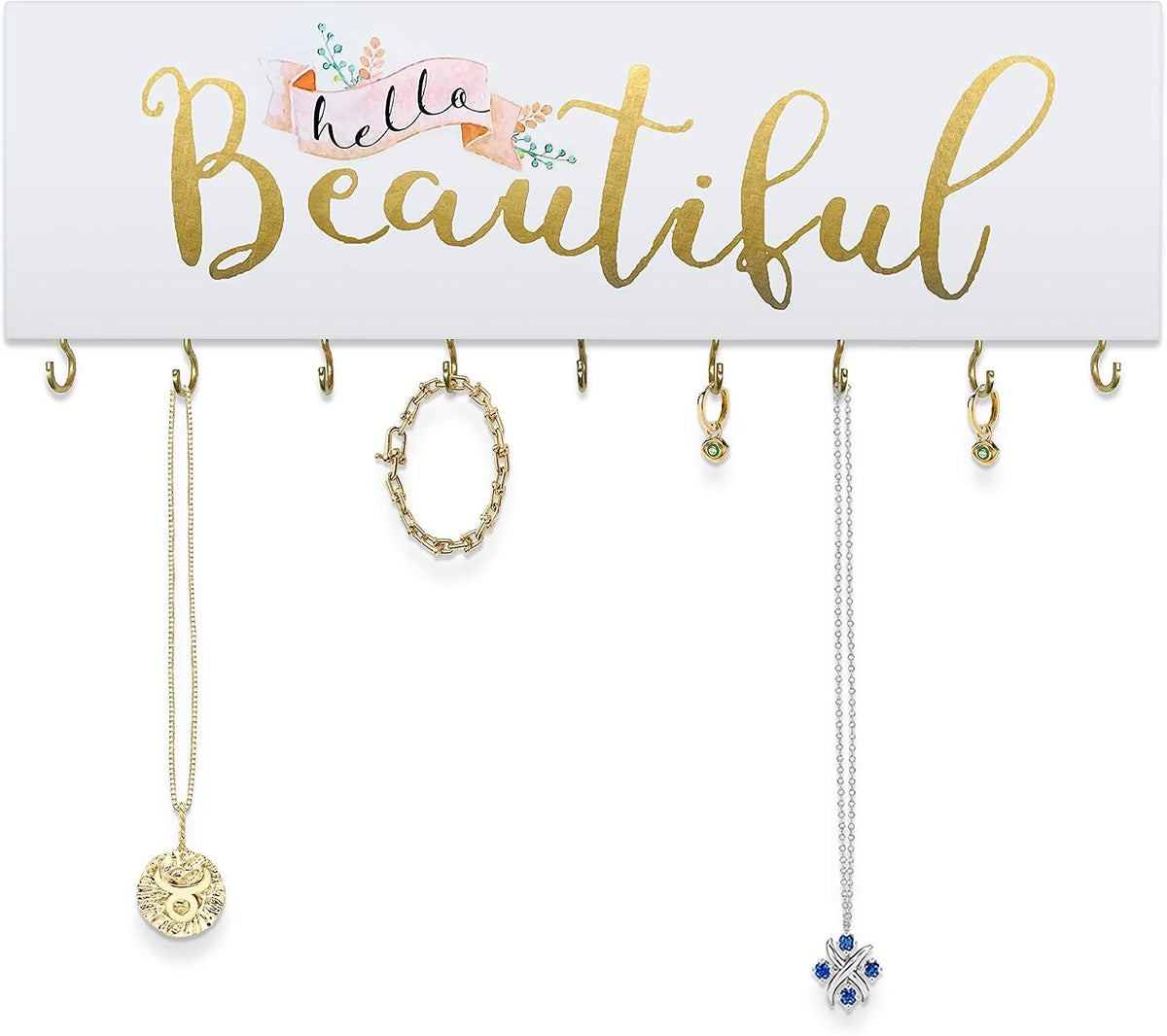 SANY DAYO HOME Hello Beautiful Wall Mount Necklace Holder Organizer with 9 Jewelry Hooks for Ring, Hair Bow, Headband, Purse - Wall Decor for Girls Room