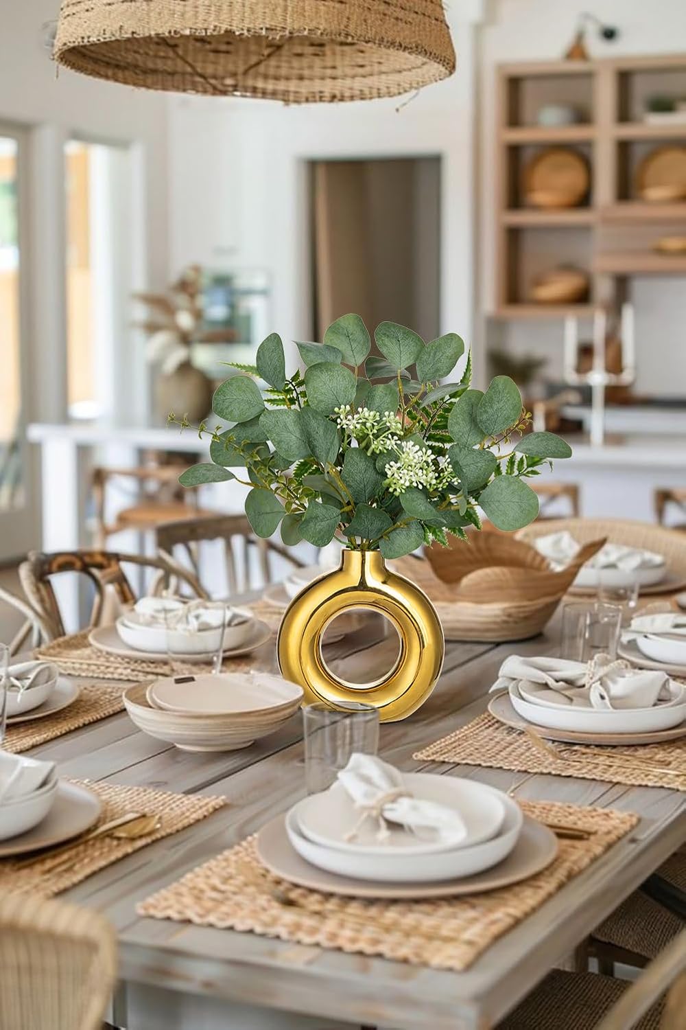 Artificial Eucalyptus Stems in Ceramic Vase 14.23" Fake Eucalyptus Plant Decor Gold Donut Vase with Greenery Centerpiece Table Decorations Small Faux Green Plant for Home Farmhouse Wedding Table Decor