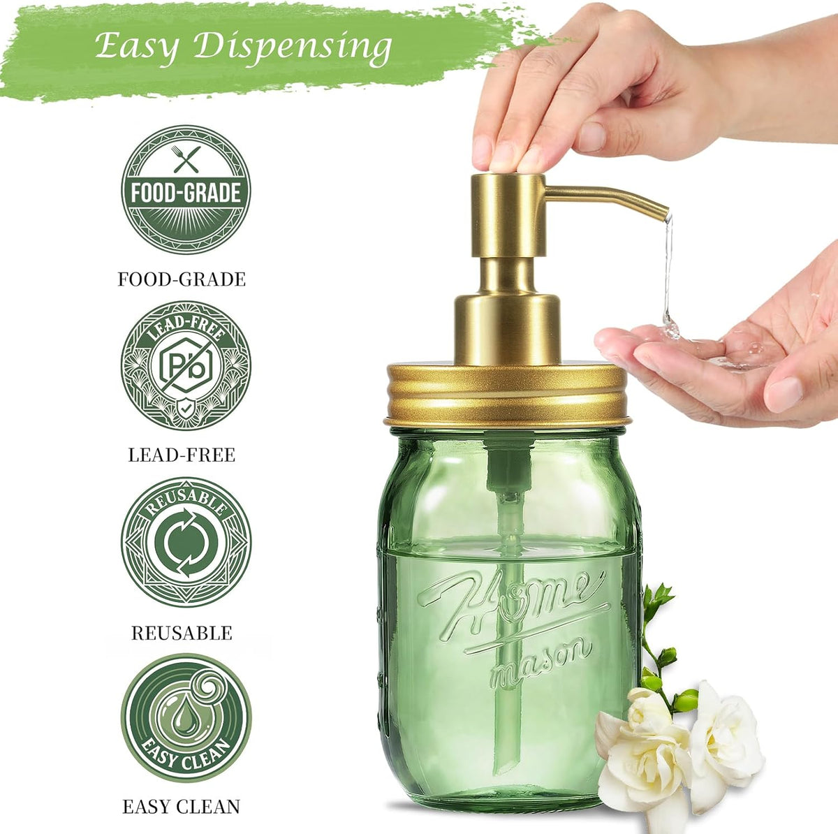 Amolliar Green Glass Mason Jar Liquid Soap Dispenser, 16OZ, Gold 2 Pack
