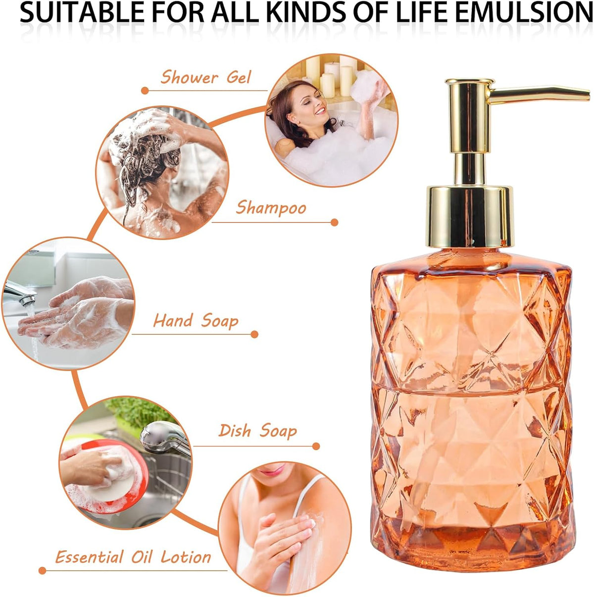 Orange Glass Soap Dispensers for Bathroom,2 Pack 12 Oz/330 ml