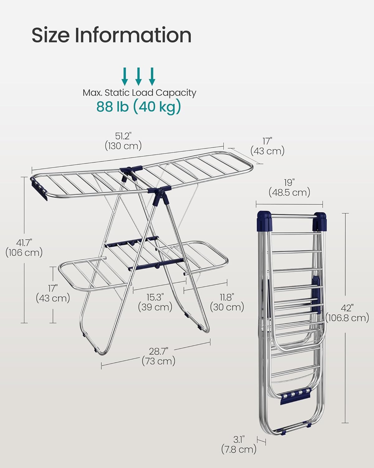 SONGMICS Clothes Drying Rack, Foldable Metal Airer, 51.2 x 19.3 x 61.8 in
