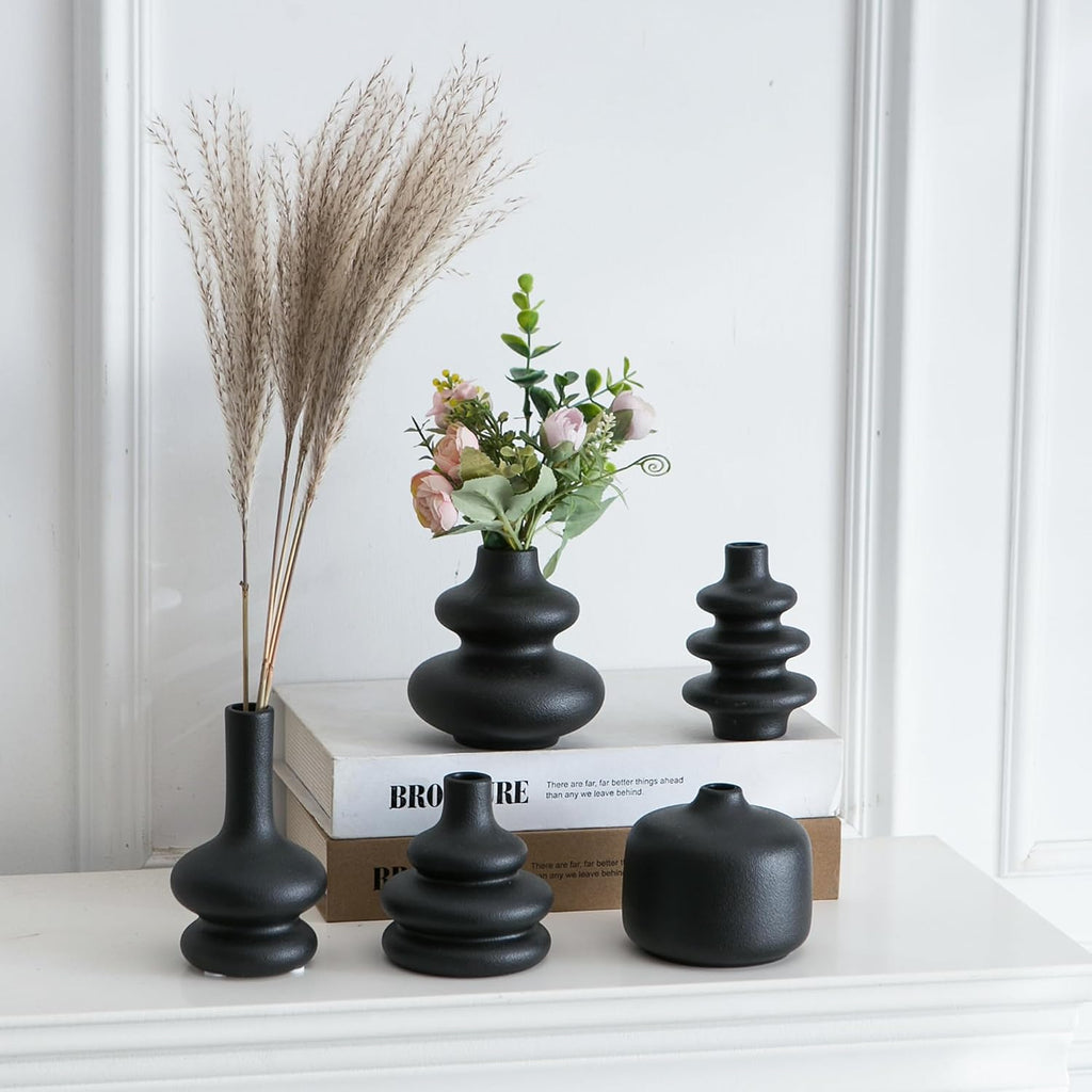 JOJUNO Black Bud Vases, Small Ceramic Vase Set of 5 Modern Home Decor