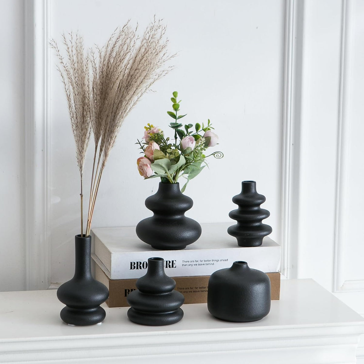 JOJUNO Black Bud Vases, Small Ceramic Vase Set of 5 Modern Home Decor