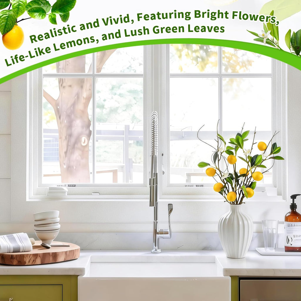 4 PCS 18.9” Artificial Lemon Branches for Kitchen Decor, Faux Yellow Lemons with Magnolia Flower & Willow Stems, Realistic Fake Fruit Picks for Farmhouse Party Decoration and Vase Arrangements