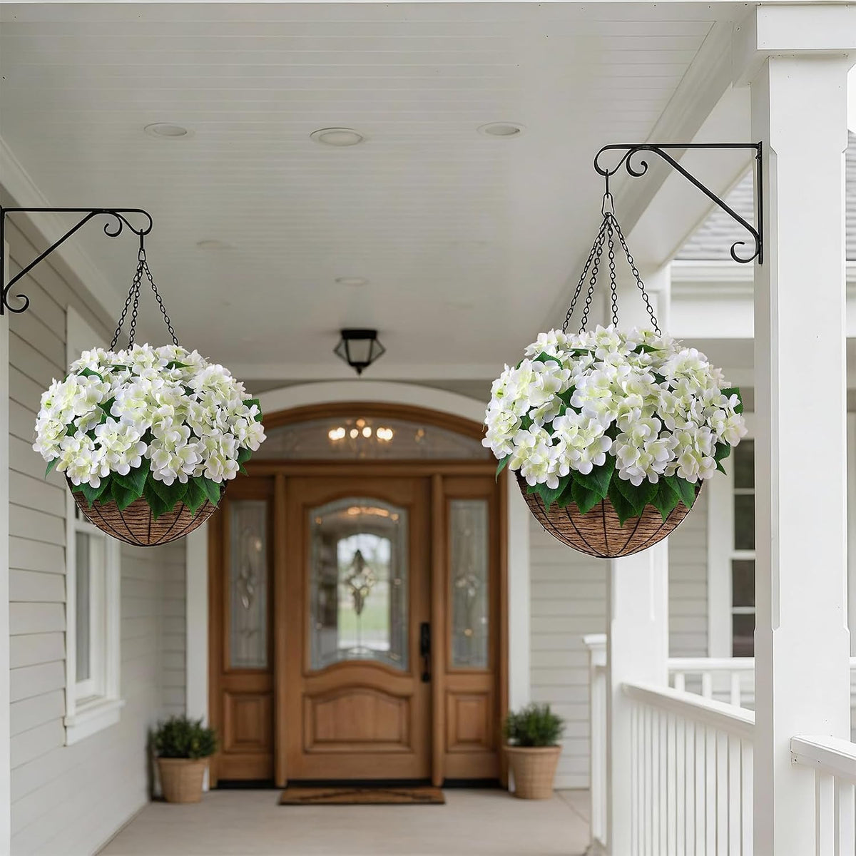 8 Bundles 17" Artificial Hydrangea Flower Branches for Porch (White)