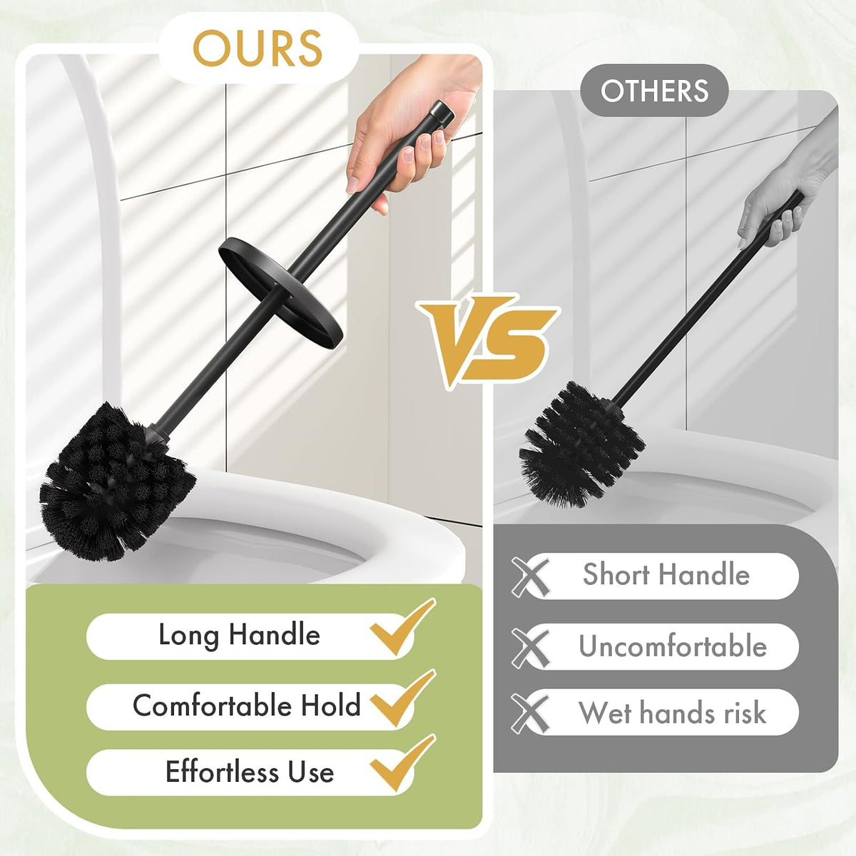 Toilet Bowl Brush and Holder Set 2 Pack with 4 Extra Brush Heads (Black)