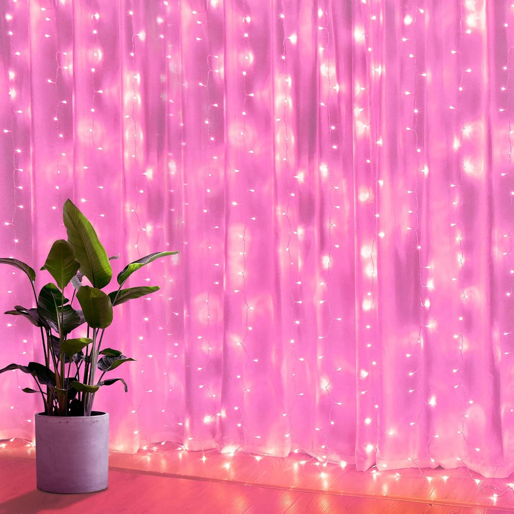 Pink Curtain Lights - 8 Modes LED Fairy String Lights for Windows, Ideal for Christmas, Valentine's Day, Weddings, Party Room Decor