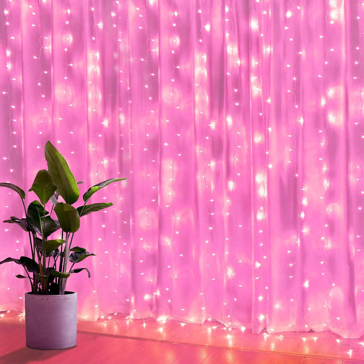 Pink Curtain Lights - 8 Modes LED Fairy String Lights for Windows, Ideal for Christmas, Valentine's Day, Weddings, Party Room Decor