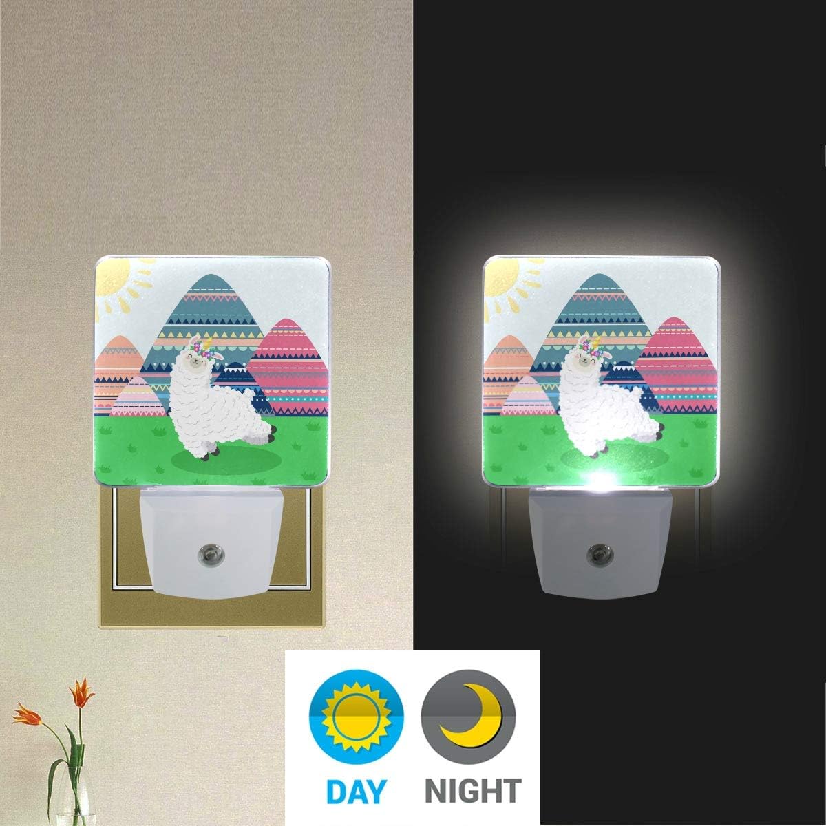 2 Pack Plug-in LED Night Light Lamp Dancing Llama Printing with Dusk to Dawn Sensor for Bedroom, Bathroom, Hallway, Stairways, 0.5W