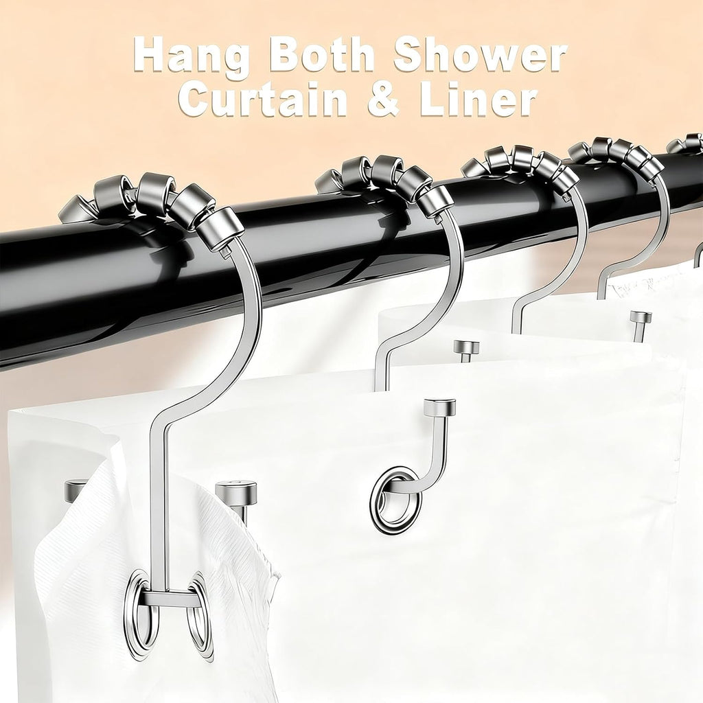 BBV Shower Curtain Hooks Rings, 12 Pcs Rust Resistant Metal Double Glide Shower Hooks for Bathroom Shower Rods Curtains (Chrome)