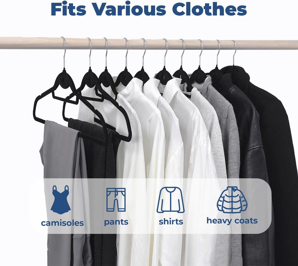 Black Velvet Hangers, Stackable Hanger with Non Slip Felt Fabric