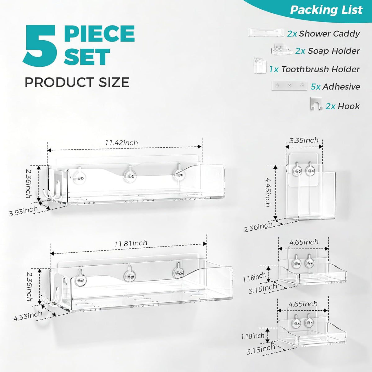 Clear Acrylic Shower Caddy Organizer Shelves, Adhesive Wall Storage 5-Pack