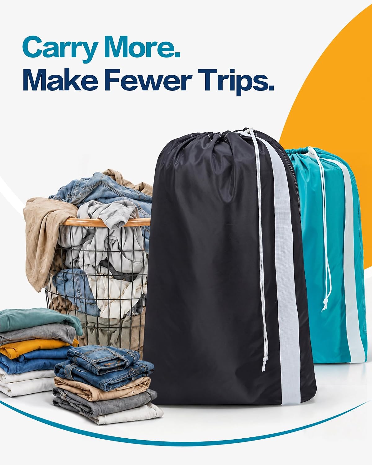 HOMEST 2 Pack XL Nylon Laundry Bag with Strap, Large Dirty Clothes Organizer, Easy Fit a Laundry Hamper or Basket, Can Carry Up to 4 Loads of Laundry, Black and Sky Blue