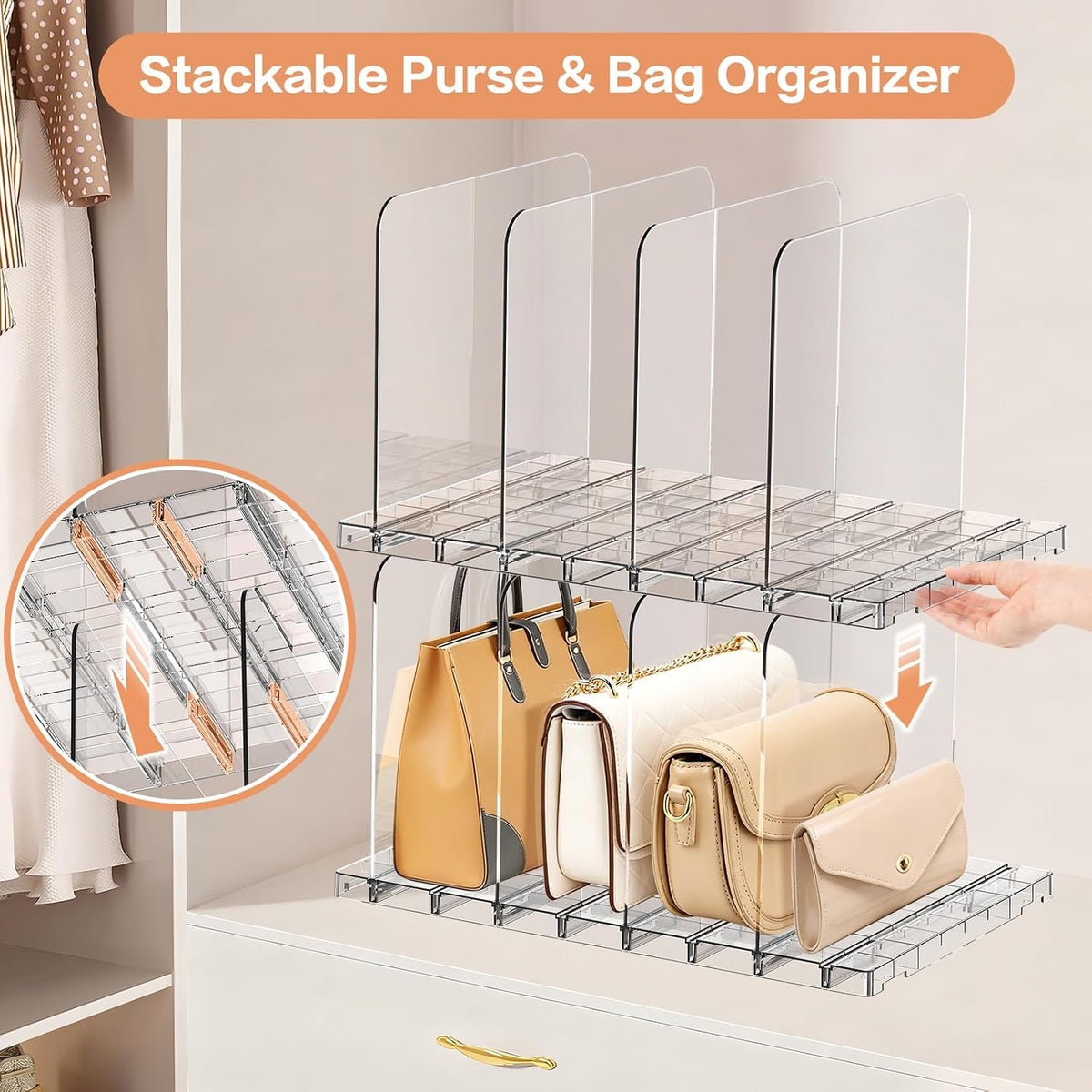 Stackable Purse Organizer for Closet Shelf, Acrylic Handbag Shelf Dividers