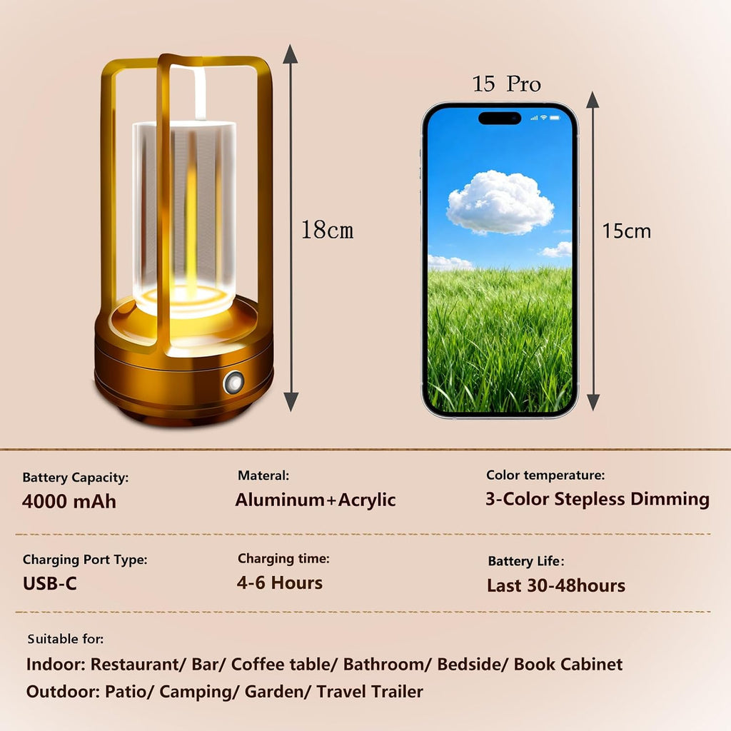 Rechargeable Table Lamp, 4000mAh Battery Cordless Lamp (Gold-2 )