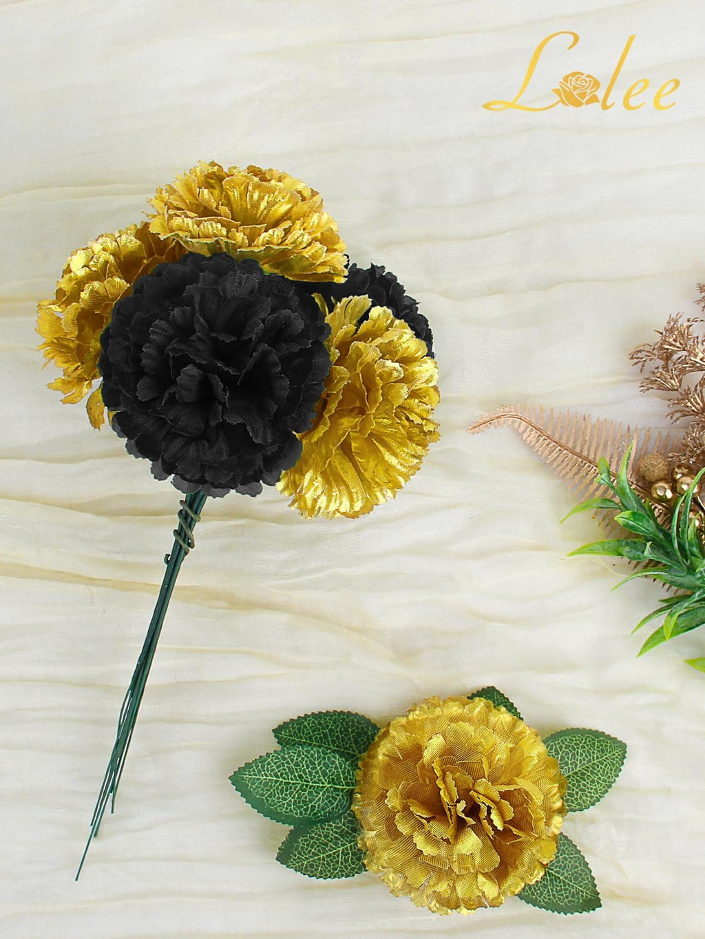LELEE 108pcs Carnation Artificial Flowers Bulk, 3.5" Black Gold Carnations