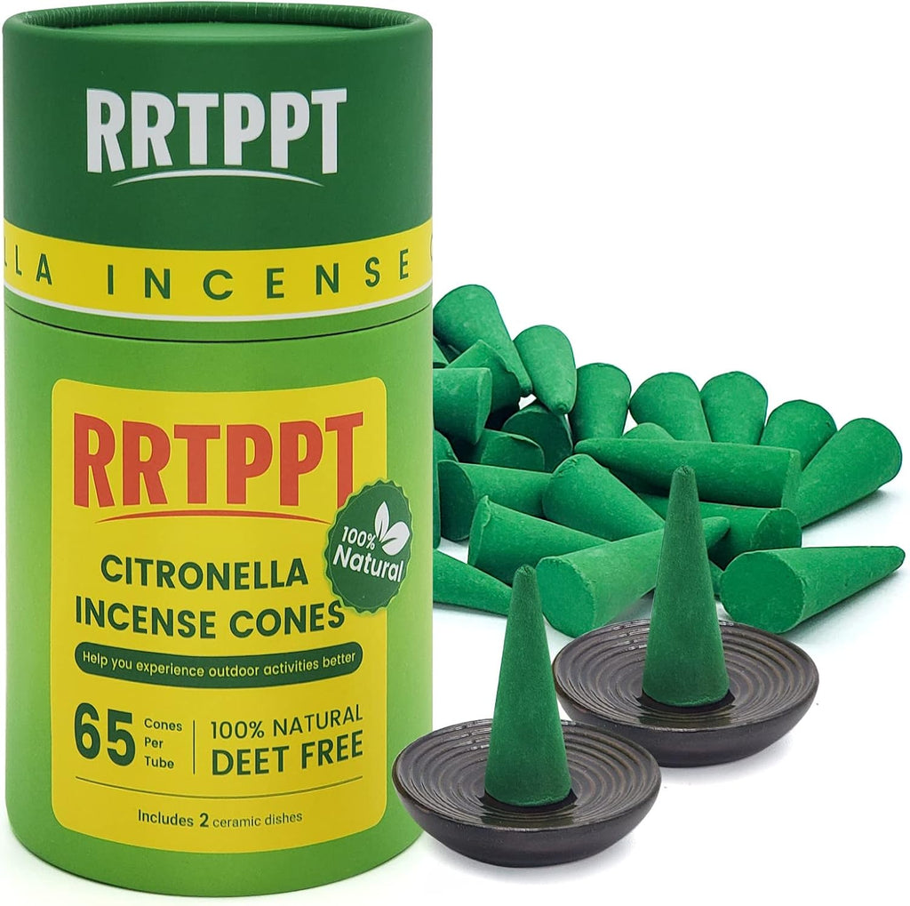 Citronella Incense Cones with Ceramic Dishes | Made with Plant-Based Ingredients | Citronella | Lemongrass Oil | Rosemary Oil | Suitable for Indoor and Outdoor Use (65 Cones)