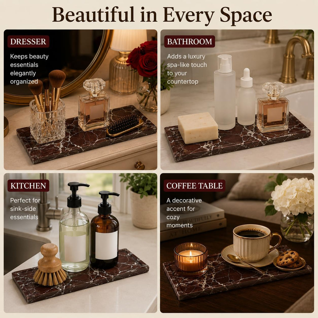 Marble Decorative Tray for Home Decor, Red Vanity Tray for Bathroom Countertop, Small Perfume Tray for Dresser, Luxury Stone Organizer for Jewelry, Candles & Skincare, 11 x 4.7 in