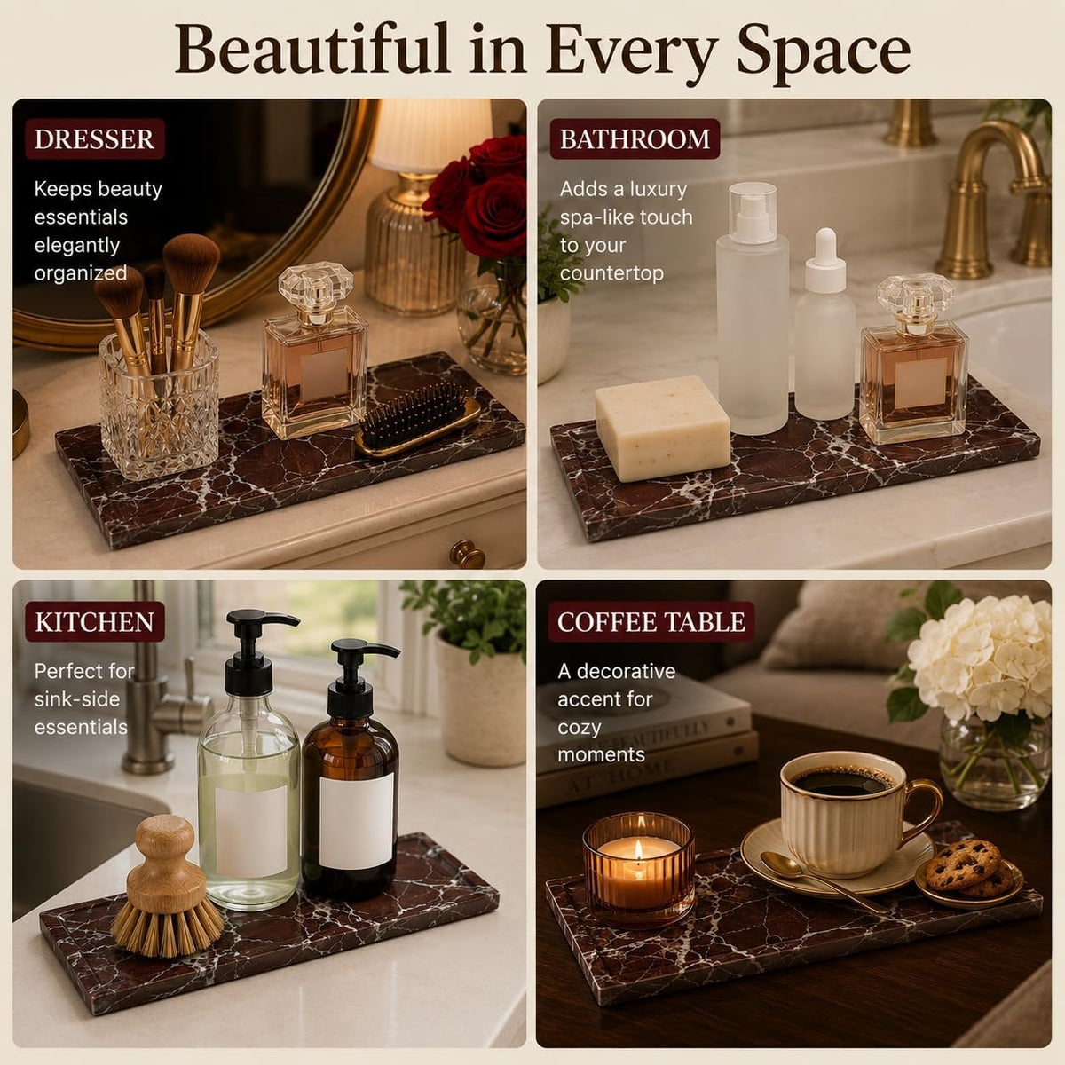 Marble Decorative Tray for Home Decor, Red Vanity Tray for Bathroom Countertop, Small Perfume Tray for Dresser, Luxury Stone Organizer for Jewelry, Candles & Skincare, 11 x 4.7 in