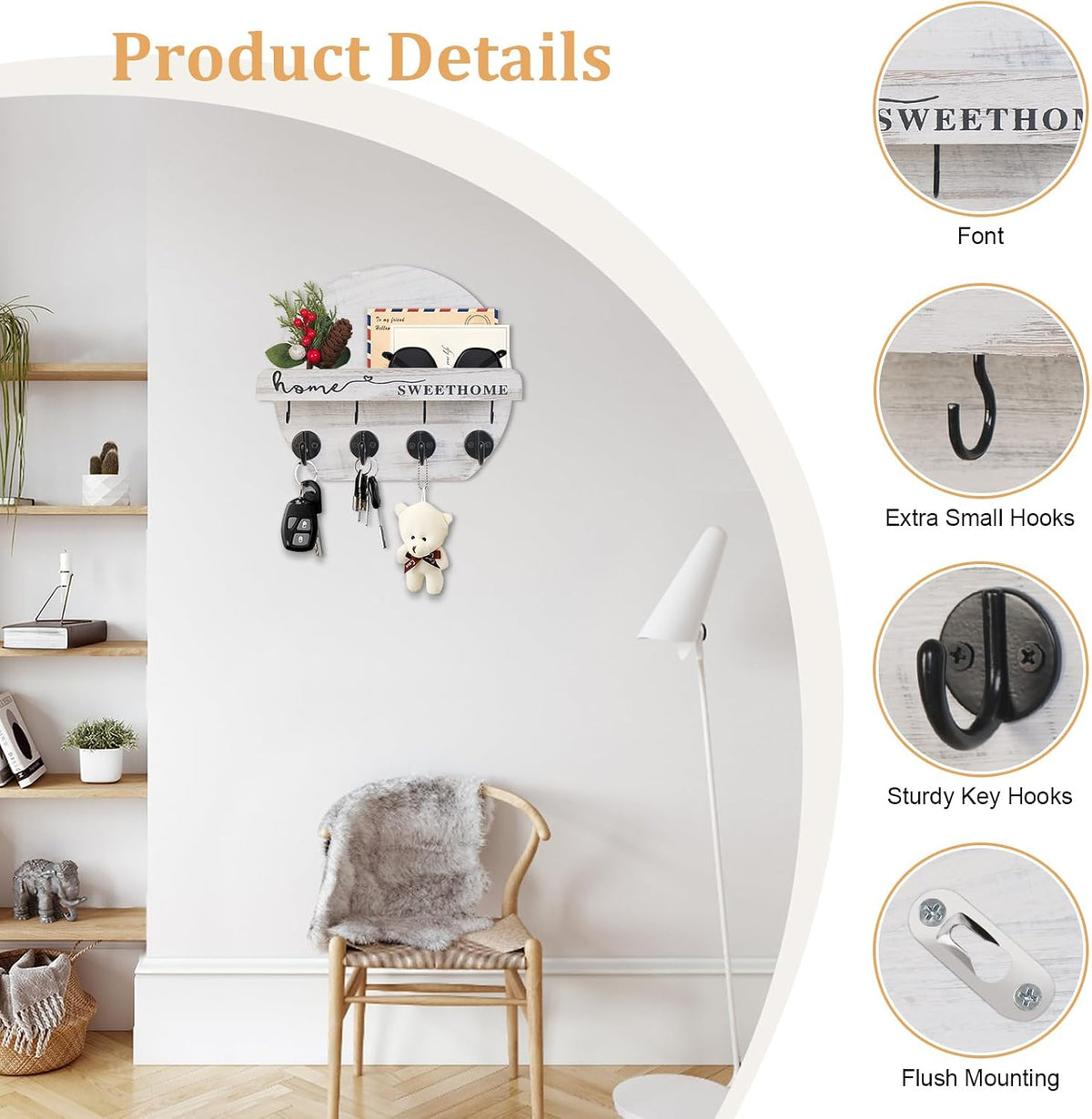 Key Holder for Wall, Key and Mail Holder Organizer - Key Holder Wall Mount with Bouquet Shelf and Key Hooks, Round Wooden Rustic Key Rack for Entryway and Home Decor (Pale White)