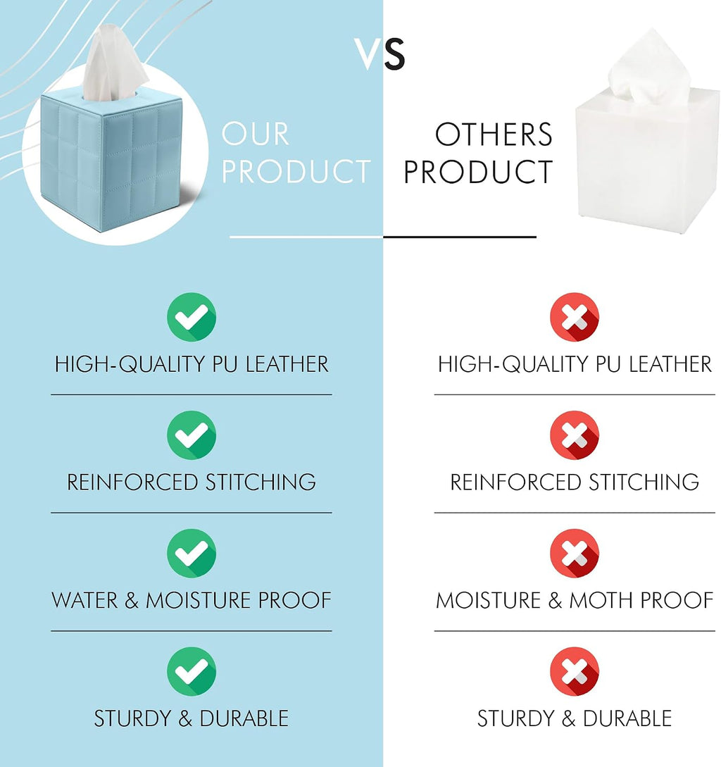 Luxury 5 Star Hotel Style Tissue Box Cover - Sturdy and Stylish Tissue Box Holder with a Custom Height and Modern PU Leather Exterior, 13.5x13.5x15cm - Light Blue
