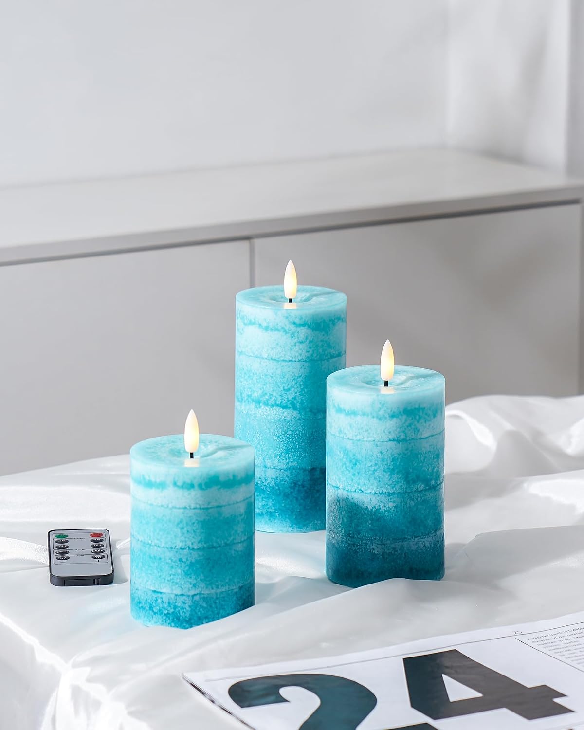 Stmarry Gradient Teal Flameless Candles with Remote and Timer, Real Wax Made LED Pillar Candles Battery Operated with 3D Flickering Flame - 3" x 4", 3" x 5", 3" x 6" - Set of 3 Turquoise Candles