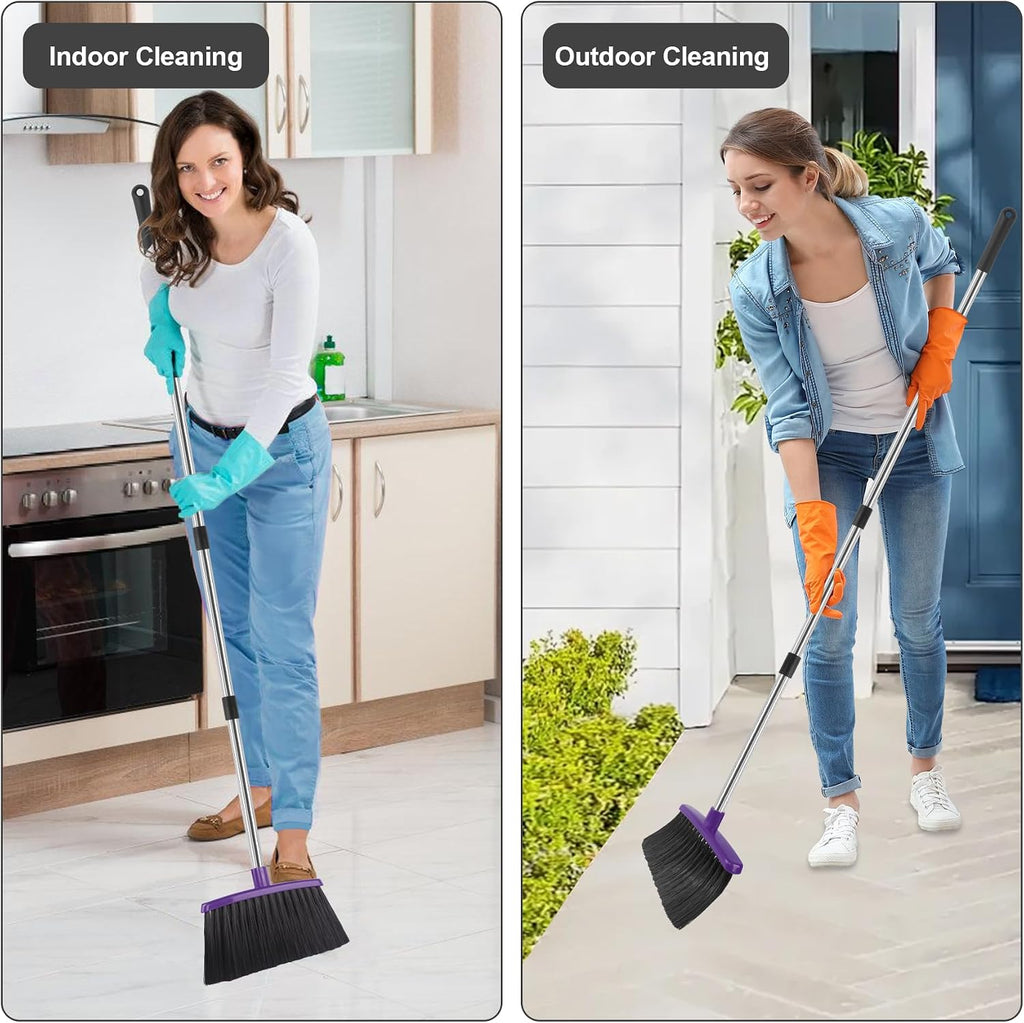 Broom and Dustpan Set, 51" Long Handle Broom with Dustpan Combo Set, Windproof and Self-Cleaning Teeth, Purple Household Dust Pan Set Sweep Kitchen Office Lobby Pet Room