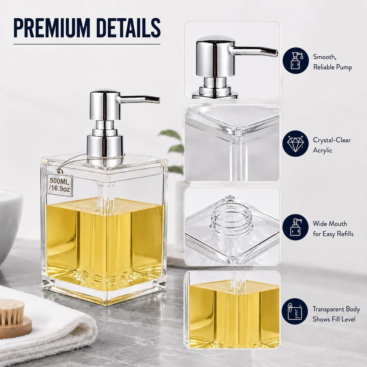 LGURT Clear Acrylic Soap Dispenser, 500ml Hand Soap Pump