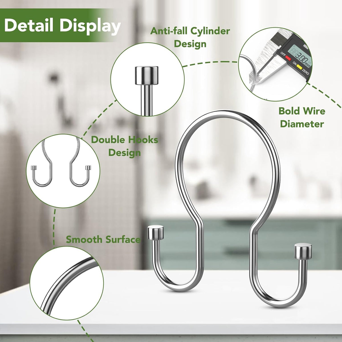 Goowin Shower Curtain Hooks, Simple Shower Curtain Rings, Sturdy Shower Curtain Hangers, Double Hook Shower Curtain Hooks, Smooth Gliding Metal Shower Hooks for Shower Curtain (Chrome, 12 Pack)