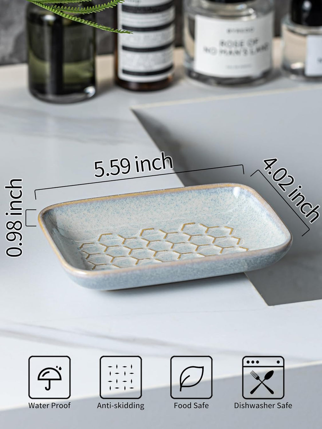 Gomakren Ceramic Soap Dish for Shower, Honeycomb Soap Tray 5.5 Inch, Gray