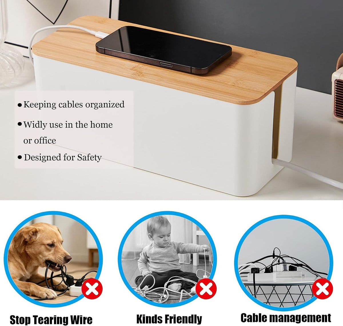 Bamboo Lid Management Box Cord Organizer Box for Power Strips Router