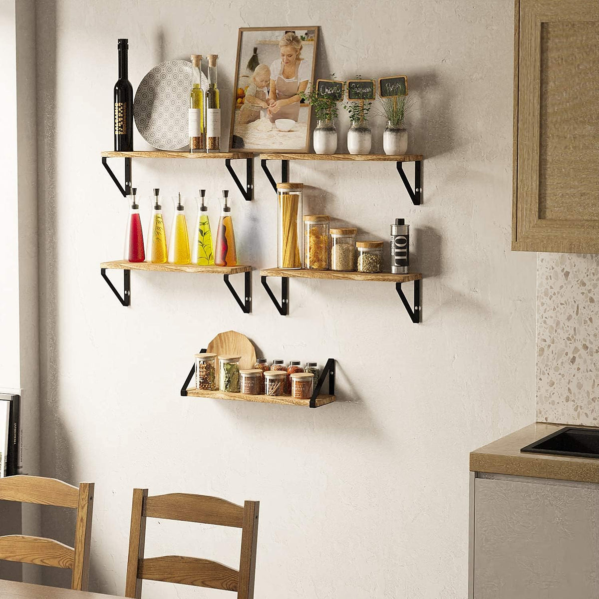 Wallniture Ponza 17'' x 4.5'' Floating Wall Shelf Bathroom, Small Wood Book Shelves for Wall Storage, Wall Mounted Shelf, Dining Room, Bedroom, Living Room, Office & Kitchen Organization, Burnt, 5pcs