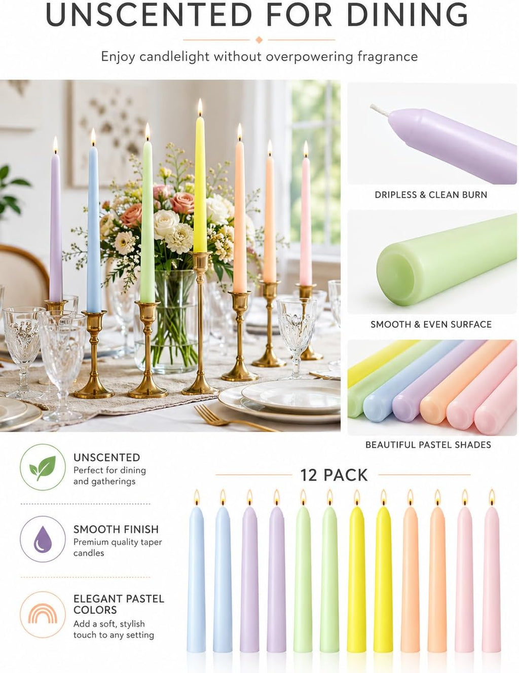 Pastel Unscented Taper Candles for Spring Easter Home Table Decor