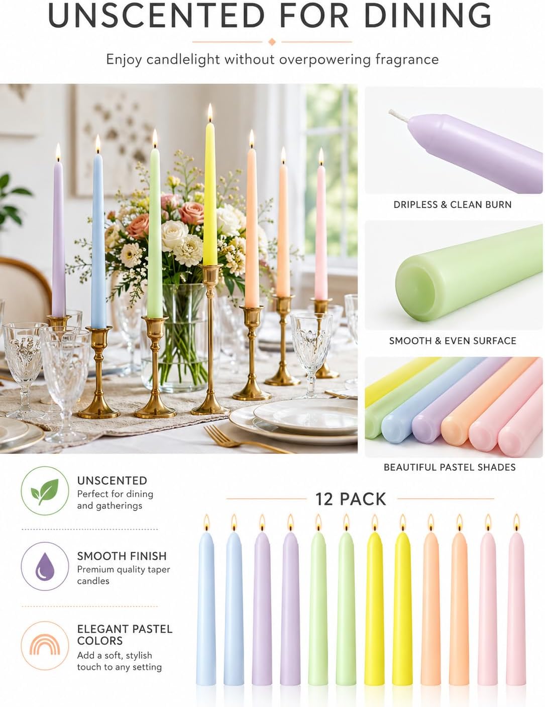 Pastel Unscented Taper Candles for Spring Easter Home Table Decor