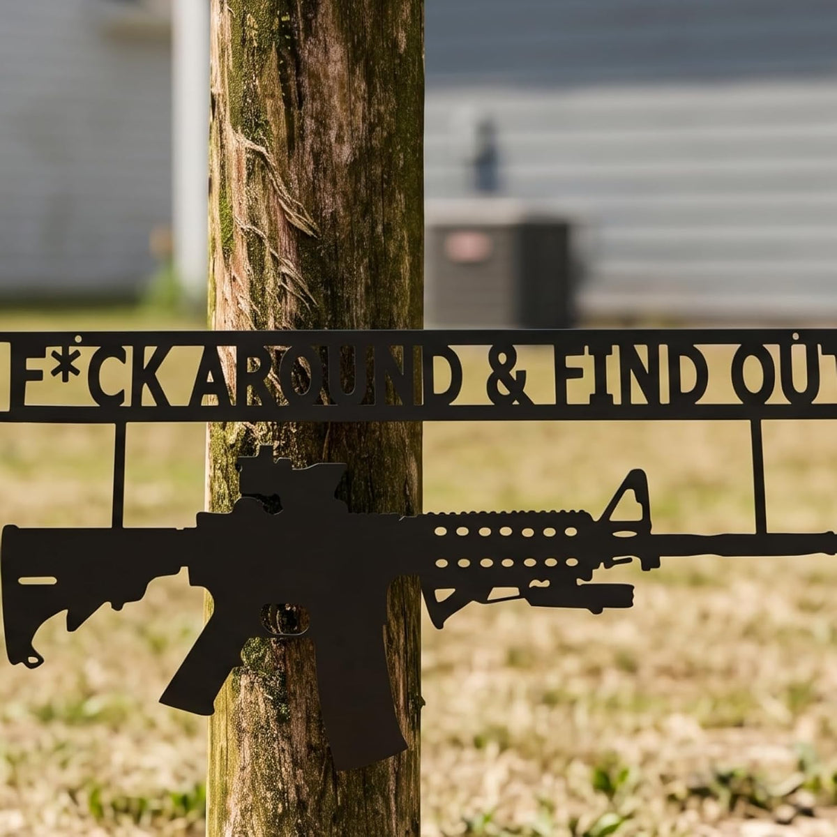 Metal No Trespassing Sign "You're In Range" Gun Metal Door, Wall or Tree Hanger Sign Decoration by GUTE,Metal Wall Art,Hanger, Gun Owners (Fck Around And Find Out)