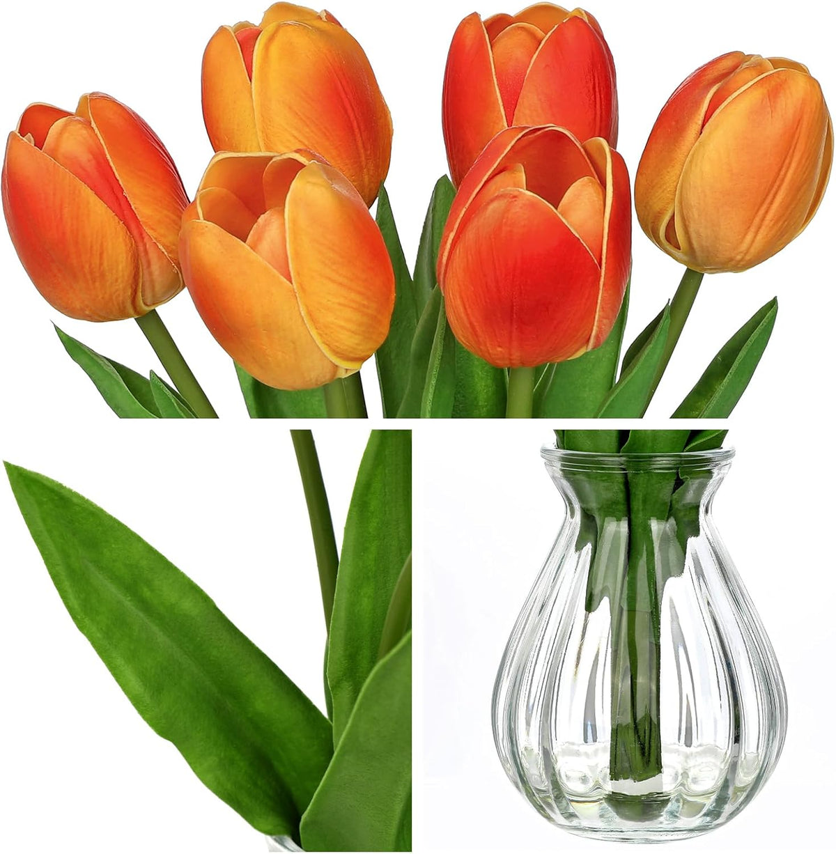 Fall Artificial Tulips Flowers in Glass Vase - 6 Pcs Faux Flowers in Vase with Faux Water 12.5" Orange & Yelow Ombre Fake Tulips Bouquet Floral Arrangement Centerpiece for Living Room Table Home Decor