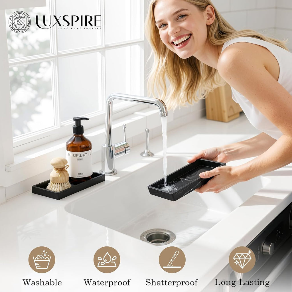 Luxspire 2 Pack Silicone Bathroom Tray 7.9" Vanity Tray, Marble Black