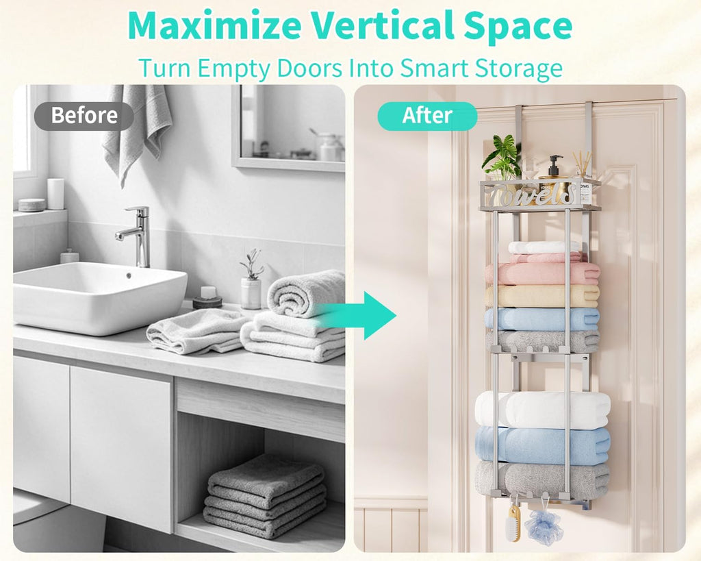 HapiRm Towel Rack Bathroom Storage - 3 Tier Over The Door & Wall Mounted Rolled Towel Racks Holder Organizer with Metal Shelf and 6 Hooks for Small Bathroom, Camper, Rv - Sliver
