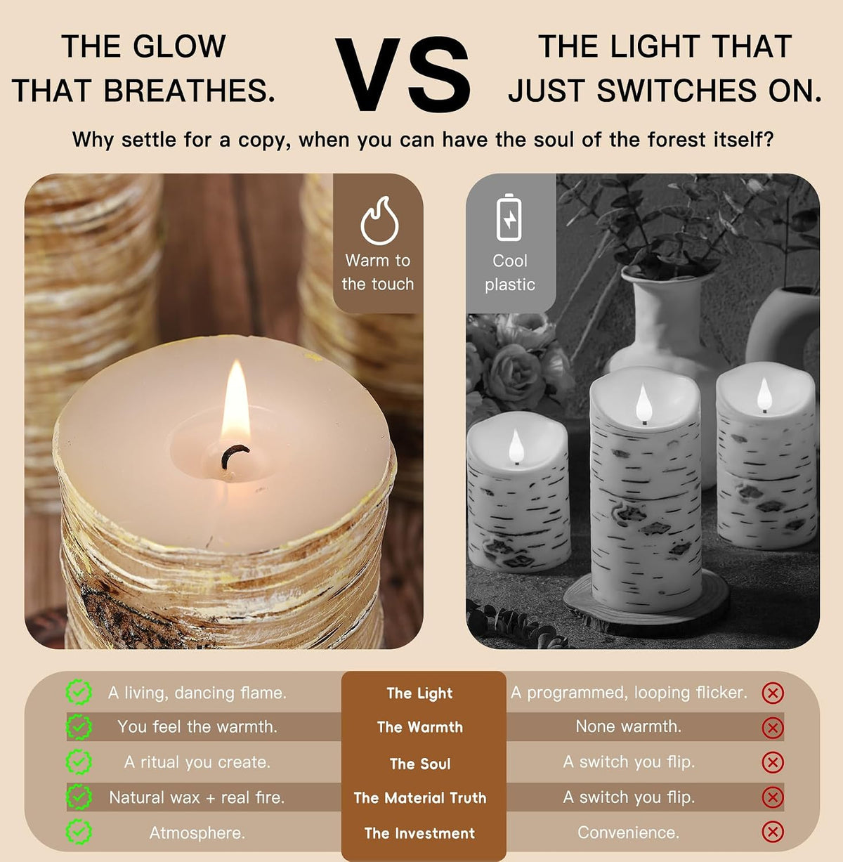 Birch Bark Pillar Candle Set of 3, Real Wax Fireplace Decor Candles
